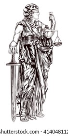 An original illustration of Lady Justice holding scales and sword and wearing a blindfold in a vintage woodblock style