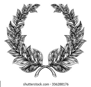 An original illustration of a laurel wreath in a vintage woodblock or woodcut style