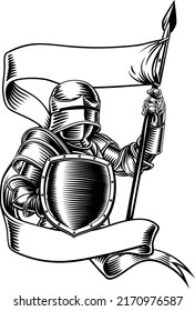 An original illustration of a medieval knight with banner battle flag or standard scroll ribbon. In a vintage engraved etching woodcut style.