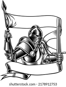 An original illustration of a medieval knight with banner battle flag or standard scroll ribbon. In a vintage engraved etching woodcut style.