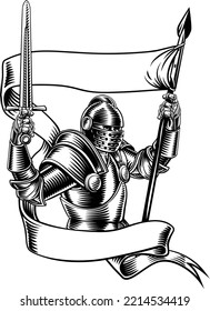 An original illustration of a medieval knight with banner battle flag or standard scroll ribbon. In a vintage engraved etching woodcut style.