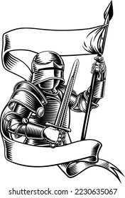 An original illustration of a medieval knight with banner battle flag or standard scroll ribbon. In a vintage engraved etching woodcut style.