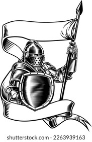 An original illustration of a medieval knight with banner battle flag or standard scroll ribbon. In a vintage engraved etching woodcut style.