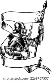 An original illustration of a medieval knight with banner battle flag or standard scroll ribbon. In a vintage engraved etching woodcut style.