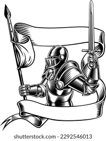 An original illustration of a medieval knight with banner battle flag or standard scroll ribbon. In a vintage engraved etching woodcut style.