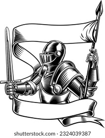 An original illustration of a medieval knight with banner battle flag or standard scroll ribbon. In a vintage engraved etching woodcut style.