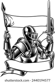 An original illustration of a medieval knight with banner battle flag or standard scroll ribbon. In a vintage engraved etching woodcut style.