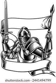 An original illustration of a medieval knight with banner battle flag or standard scroll ribbon. In a vintage engraved etching woodcut style.