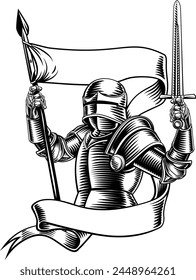 An original illustration of a medieval knight with banner battle flag or standard scroll ribbon. In a vintage engraved etching woodcut style.