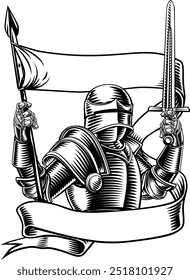 Uma ilustração original de um cavaleiro medieval com bandeira de batalha de banner ou fita de rolagem padrão. Em um vintage gravado gravando estilo de xilogravura.