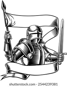 Uma ilustração original de um cavaleiro medieval com bandeira de batalha de banner ou fita de rolagem padrão. Em um vintage gravado gravando estilo de xilogravura.