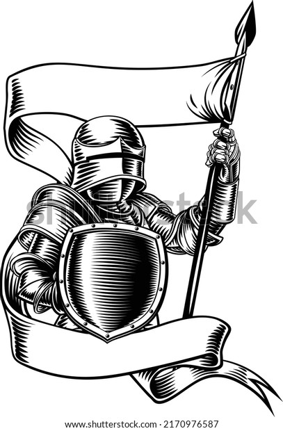 An original illustration of a medieval knight with\
banner battle flag or standard scroll ribbon. In a vintage engraved\
etching woodcut style.