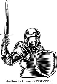 An original illustration of a medieval knight with sword and shield. In a vintage engraved etching woodcut style.