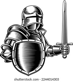 An original illustration of a medieval knight with sword and shield. In a vintage engraved etching woodcut style.