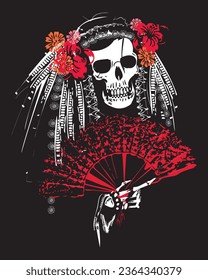 Original illustration Mexican skeleton whith a fan