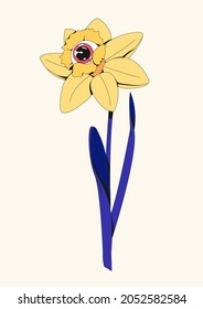 Original illustration of a narcissus flower with eye watching you. Blue, navy and yellow design. Perfect for postcards, print, stickers, tattoo, posters and branding. Spooky face Halloween drawing.