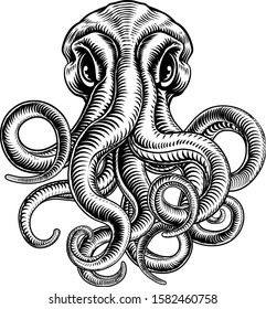 Original illustration of an octopus or cthulhu monster in a vintage woodblock woodcut retro style.