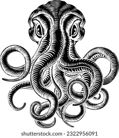 Original illustration of an octopus or cthulhu monster in a vintage woodblock woodcut retro style.