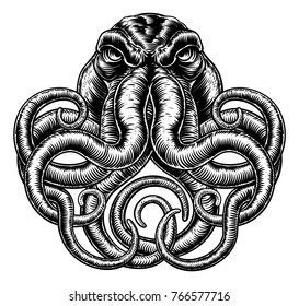 An original illustration of an octopus or cthulhu monster in a vintage woodblock or woodcut retro style.