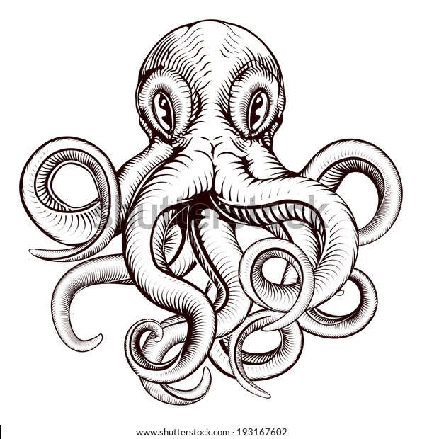 Original Illustration Octopus Dynamic Woodblock Style Stock Vector 