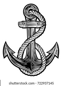 An original  illustration of a ships anchor and rope in a vintage navy tattoo style