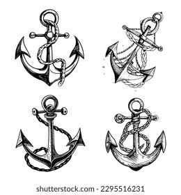 The original illustration of a ship's anchor set and rope in a vintage woodcut woodblock style. Vintage sea anchor with a rope. Hand-drawn vector. 