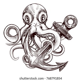 An original illustration of a tattoo of an octopus wrapped around a ships anchor in a vintage woodblock style