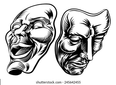 An original illustration of Theater Masks, comedy and tragedy, in a vintage style