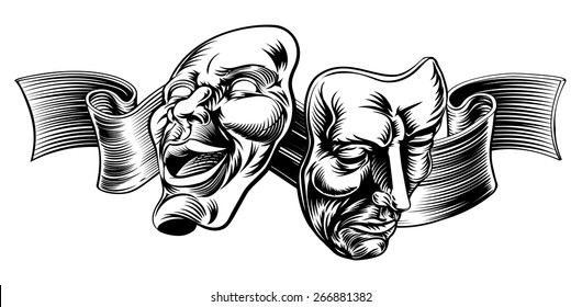 An original illustration of Theatre Masks, comedy and tragedy, in a vintage style with a ribbon or banner