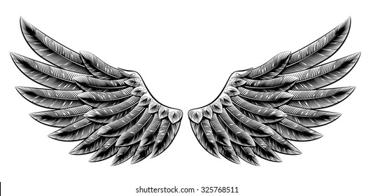 Original Illustration Of Vintage Woodcut Style Eagle Bird Or Angel Wings 