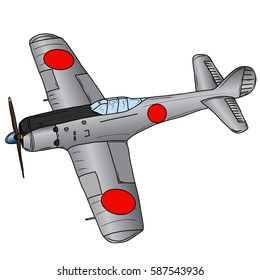 Original illustration of a vintage world war 2 plane. Single engine, mono wing fighter aircraft.