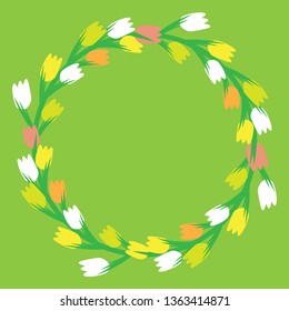 Original illustration of a wreath with tulips in different colors on lime green background, flat design. Vector, eps 10