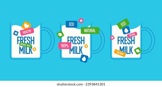 Original illustrations with a milk mug and stickers. Fashionable modern graphics depict a glass of milk. Drawing with dairy products. Vector illustration.