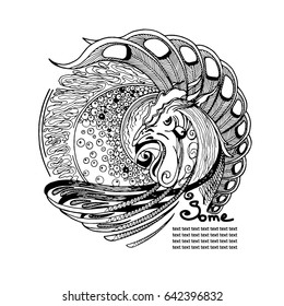 The original image of the cock. For logo and drawing. Black & white.