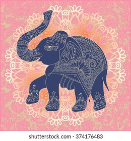 original indian pattern with elephant for invitation, cover design, fabric pattern or page decoration, ethnic border on vintage flower background, vector illustration