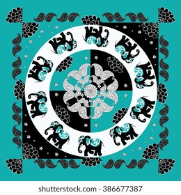 Original indian pattern with ten elephants, flowers and paisley. Bandana print. Silk neck scarf. Summer kerchief square background. Template for pillowcase, cushion, bedding.