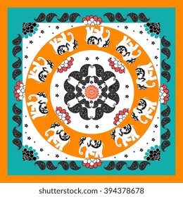 Original indian pattern with ten elephants, flowers and paisley. Bandana print. Silk neck scarf. Summer kerchief square pattern.  Template for pillowcase, cushion, bedding, carpet. Lovely tablecloth.