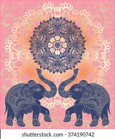 original indian pattern with two elephants for invitation, cover design, fabric pattern or page decoration, ethnic border on vintage flower background, vector illustration