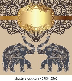 original indian pattern with two elephants for invitation, cover design, fabric pattern or page decoration, ethnic gold border on vintage flower background, vector illustration