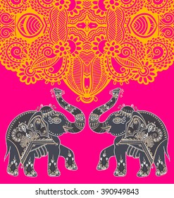 original indian pattern with two elephants for invitation, cover design, fabric pattern or page decoration, ethnic border on vintage flower background, vector illustration