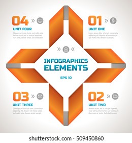 Original infographics geometric template with orange  paper ribbons cross symbol in center and text fields around realistic vector illustration 