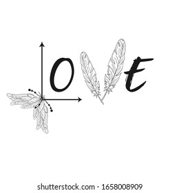 Inscripción original hecha de plumas.Imagen vectorial. Amor. Cuentas. Flechas. Objeto aislado en un fondo blanco.