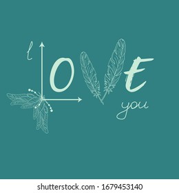 Original inscription made of feathers. Vector image. Love. Beads. Arrows. Isolated object on a blue background.