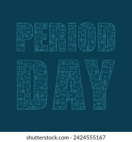 Original inscription "period day" consisting with icons of feminine hygiene products. Menses, menstruation banner. Card, poster with abstract lettering. Isolated on dark background vector illustration