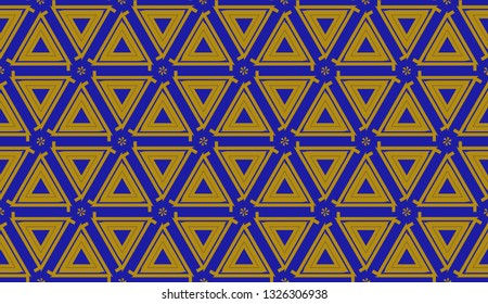 Original interior background in triangles style. Curved line. Vector illustration. Blue, orange color. For modern interior design, fashion print. Seamless.