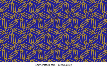 Original interior background in triangles style. Curved line. Vector illustration. Blue, orange color. For modern interior design, fashion print. Seamless.