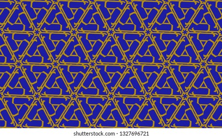 Original interior background in triangles style. Curved line. Vector illustration. Blue, orange color. For modern interior design, fashion print. Seamless.