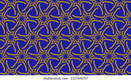 Original interior background in triangles style. Curved line. Vector illustration. Blue, orange color. For modern interior design, fashion print. Seamless.