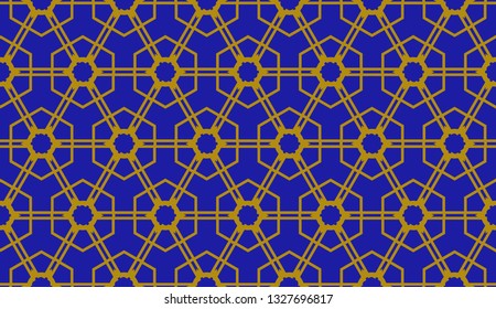 Original interior background in triangles style. Curved line. Vector illustration. Blue, orange color. For modern interior design, fashion print. Seamless.