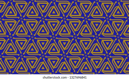 Original interior background in triangles style. Curved line. Vector illustration. Blue, orange color. For modern interior design, fashion print. Seamless.